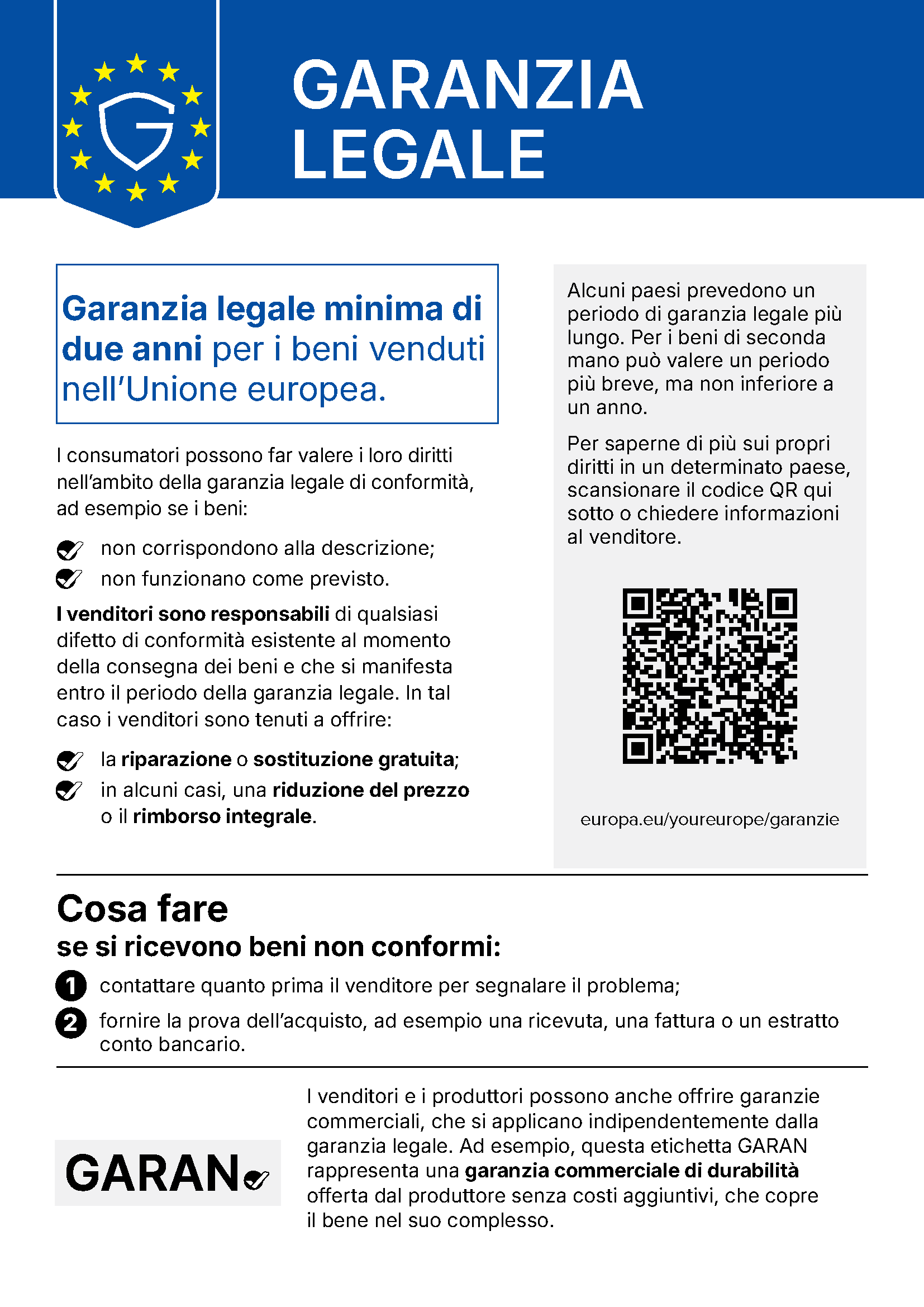 Avviso armonizzato UE sulla garanzia legale: garanzia legale minima di due anni per i beni venduti nell’Unione europea