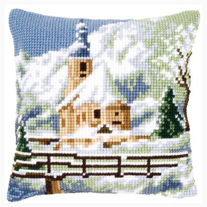 Kit Ricamo A Punto Croce Per Cuscino 45x45 Cm, Motivo Capanna Sulla Montagna Innevata, Include Tessuto, Fili, Aghi E Istruzioni