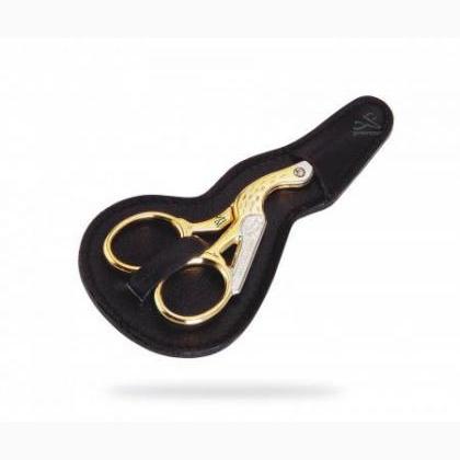 Forbici Ricamo Cicogna Oro – Busta in Pelle– Optima Idee Regalo