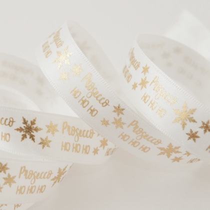 Nastro Metallic Prosecco Ho Ho Ho 15mm - Bianco/Oro