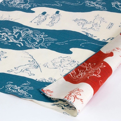 Choju jinbutsu giga Reversible Furoshiki - Blue/Vermilion