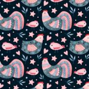 Pink Folk Chickens on Blue