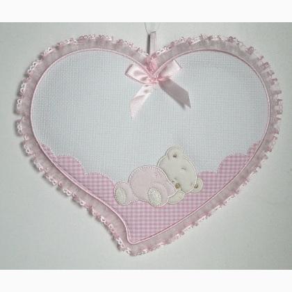 Fiocco Nascita - Cuore con Orsetto addormentato - Rosa
