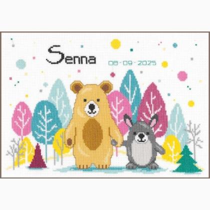 Sampler di nascita - Orso e coniglio nella foresta