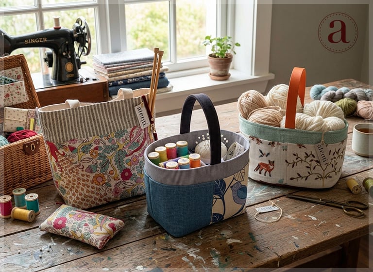 Sul tavolo da lavoro, accanto alla macchina da cucire, le borse Atenti stanno in piedi da sole: il project tote The Feather con il suo jacquard di uccelli e fiori, il caddy Indigo Garden Bird tra pannelli in denim e stampe blu indaco, il Foxy Caddy con volpi e rami ricamati e il bordo in tweed verde acqua.
