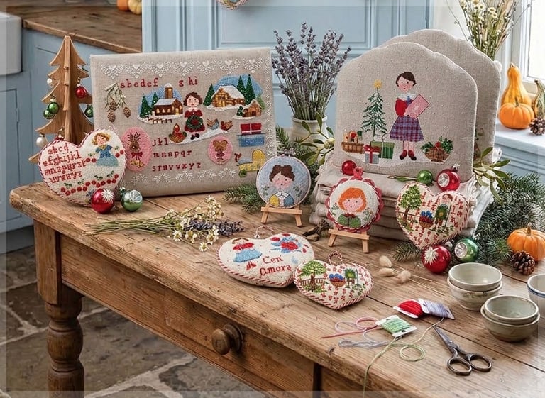 Ricami natalizi Lilli Violette a punto croce su lino: sampler con alfabeto e villaggio innevato, cuori e ornamenti con bambine, coprischienale con albero di Natale, su un tavolo rustico tra palline e zucche.