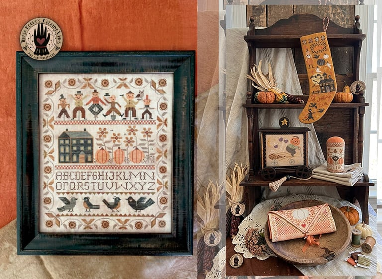 Schemi a punto croce folk art e Halloween di Teresa Kogut con sampler incorniciato, calza e decorazioni autunnali.
